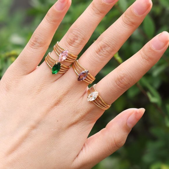 3/$35 Oval 18K Gold Plated Purple Amethyst Open RingCubic Zirconia Diamond - Picture 6 of 8